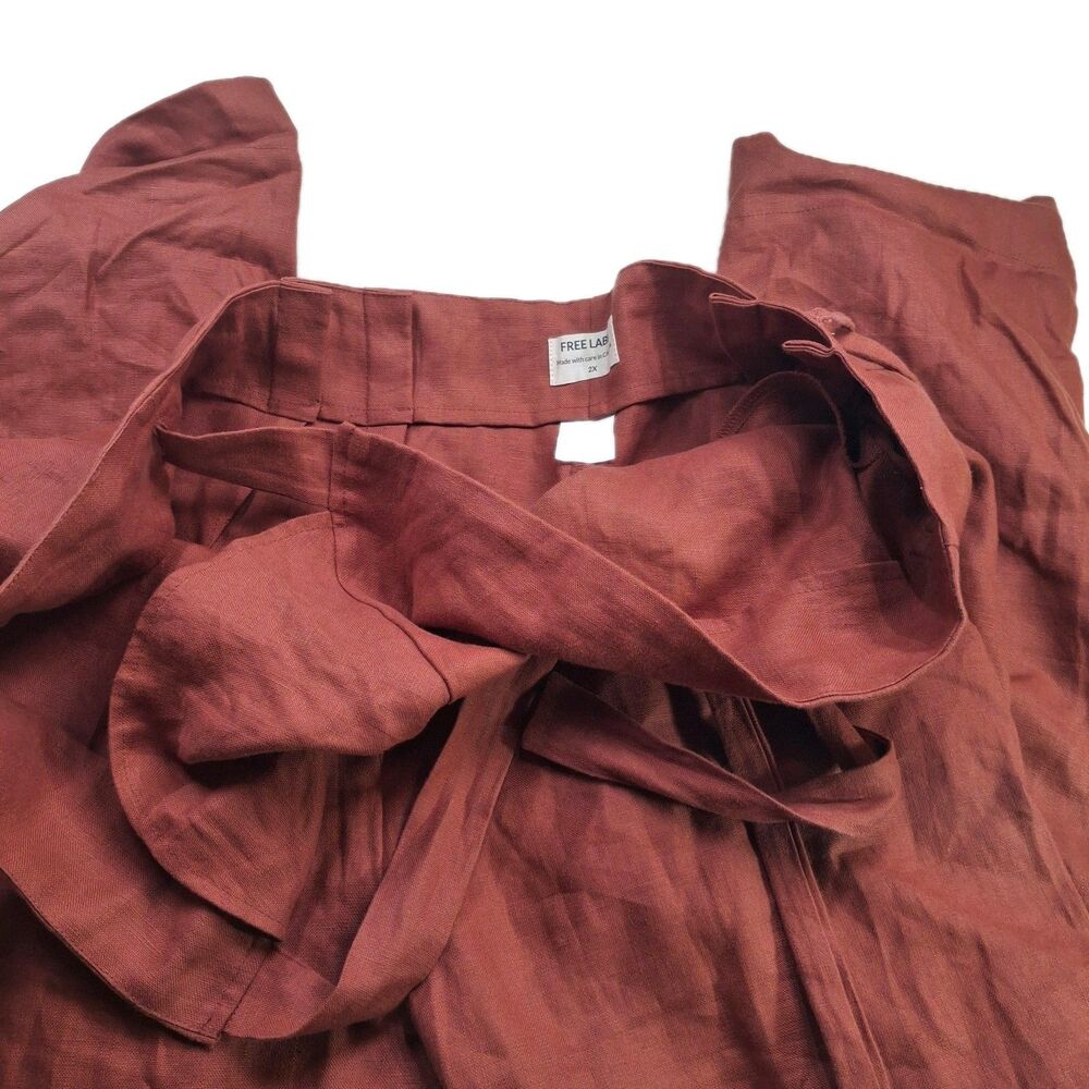 Free Label Sz 2XL 100% Linen Reese Wrap Pants Tie Waist Wide Leg Rust Orange - Picture 5 of 9